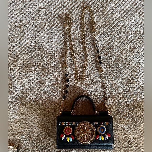 DOLCE & GABBANA Black Leather Miss Sicily Von Embellished Wallet On Chain - Picture 2 of 7